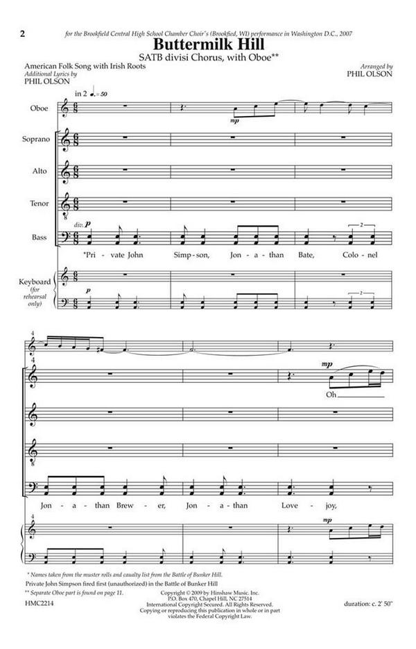 Buttermilk Hill&nbsp;&nbsp;SATB Divisi, Oboe&nbsp;&nbsp;Chorpartitur