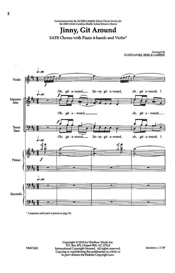 Jinny, Git Around&nbsp;&nbsp;SATB, Piano, Four Hands, and Solo Violin&nbsp;&nbsp;Chorpartitur