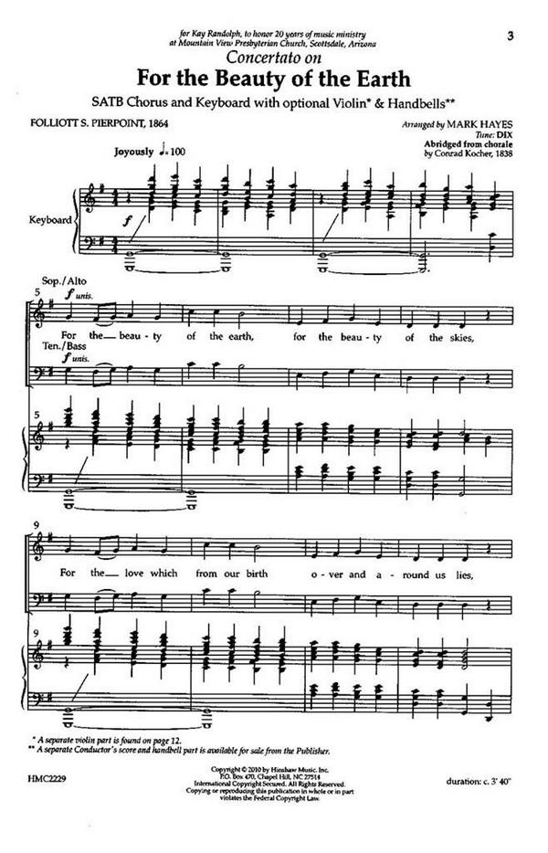 Conrad Kocher, Concertato On For The Beauty Of The Earth&nbsp;&nbsp;SATB, Keyboard, Opt. Handbells, and Violin&nbsp;&nbsp;Chorpartitur