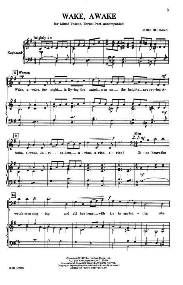 John Horman, Wake, Awake&nbsp;&nbsp;3-Part Choir and Keyboard&nbsp;&nbsp;Chorpartitur