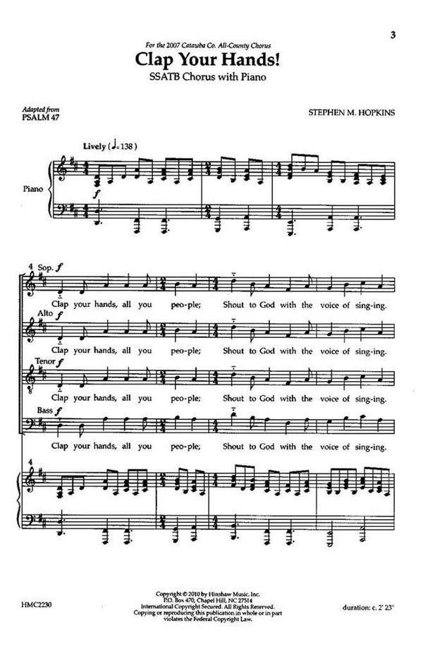 Steve Hopkins, Clap Your Hands&nbsp;&nbsp;SSATB, Piano&nbsp;&nbsp;Chorpartitur
