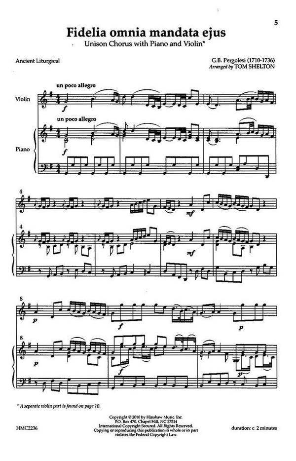 Giovanni Battista Pergolesi, Fidelia Omnia&nbsp;&nbsp;Unison, Piano and Solo Violin&nbsp;&nbsp;Chorpartitur
