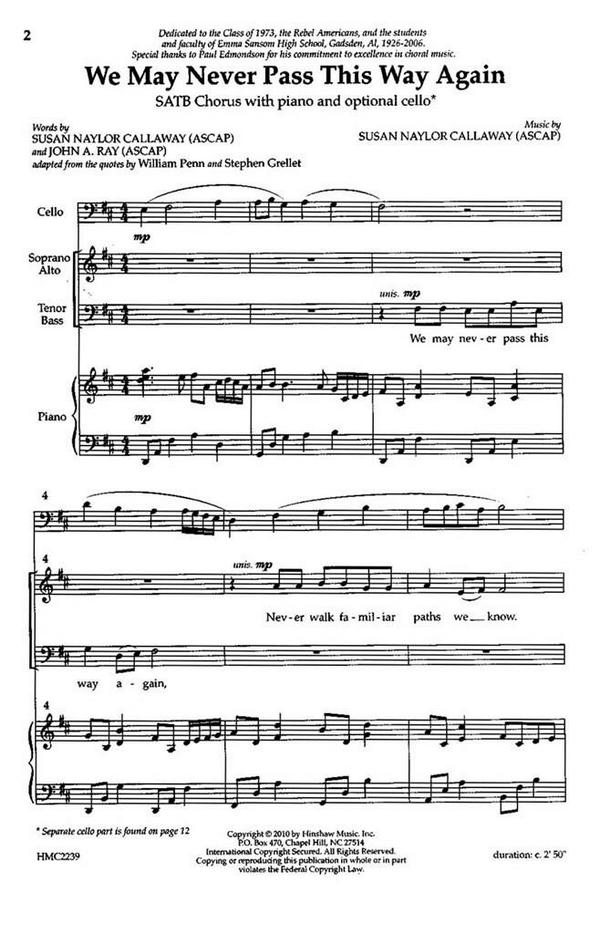 Susan Naylor Callaway, We May Never Pass This Way Again&nbsp;&nbsp;SATB, Piano and Cello&nbsp;&nbsp;Chorpartitur