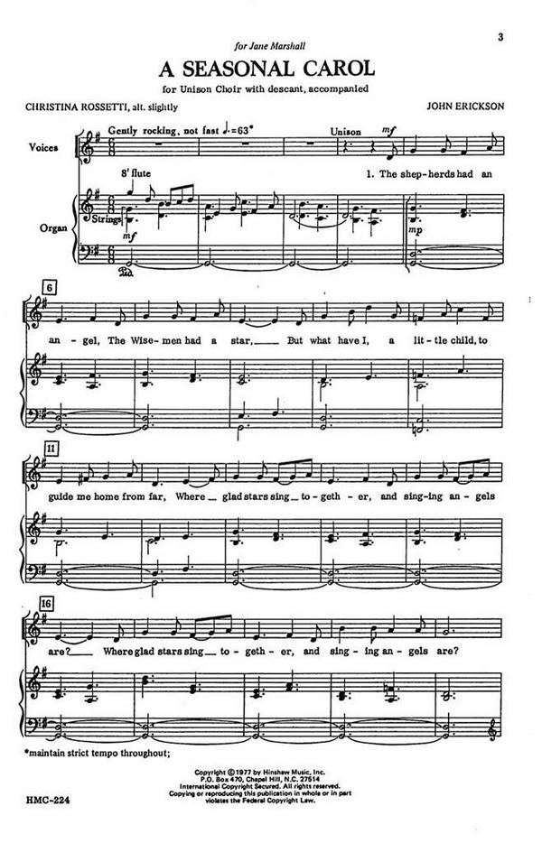 John Erickson, A Seasonal Carol&nbsp;&nbsp;Unison Choir with descant, Organ&nbsp;&nbsp;Chorpartitur