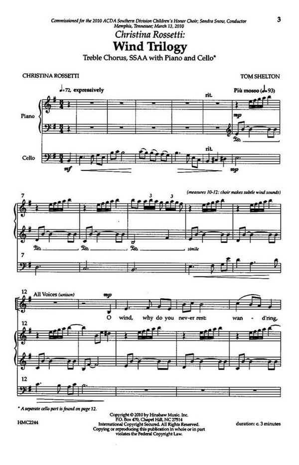 Tom Shelton, Wind Trilogy: Christina Rossetti&nbsp;&nbsp;SSA, Piano and Cello&nbsp;&nbsp;Chorpartitur