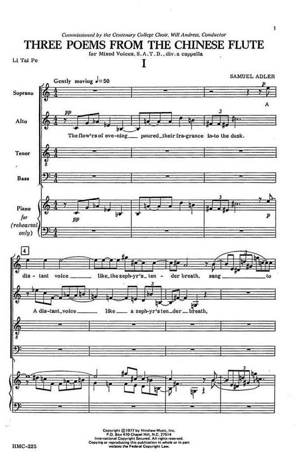 Samuel Adler, Three Poems From The Chinese Flute&nbsp;&nbsp;SATB a Cappella&nbsp;&nbsp;Chorpartitur