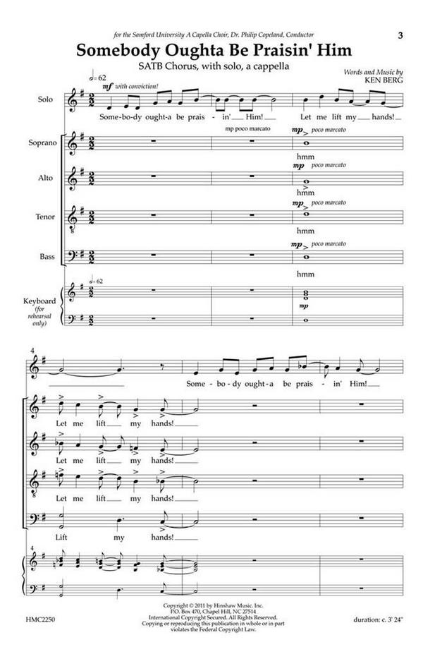 Ken Berg, Somebody Oughta Be Praisin' Him&nbsp;&nbsp;SATB, Solo, a Cappella&nbsp;&nbsp;Chorpartitur