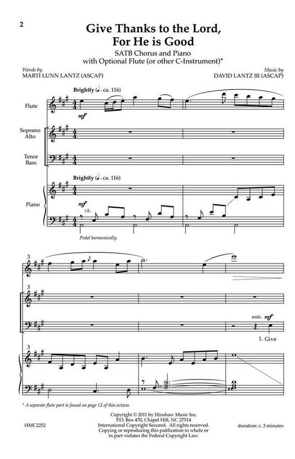 David III Lantz, Give Thanks To The Lord For He Is Good&nbsp;&nbsp;SATB, Keyboard, C-Inst&nbsp;&nbsp;Chorpartitur