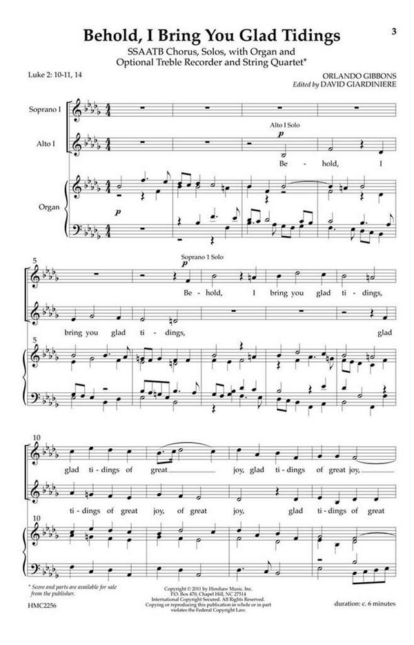 Orlando Gibbons, Behold, I Bring You Glad Tidings&nbsp;&nbsp;SAATB, Soloists, Organ&nbsp;&nbsp;Chorpartitur