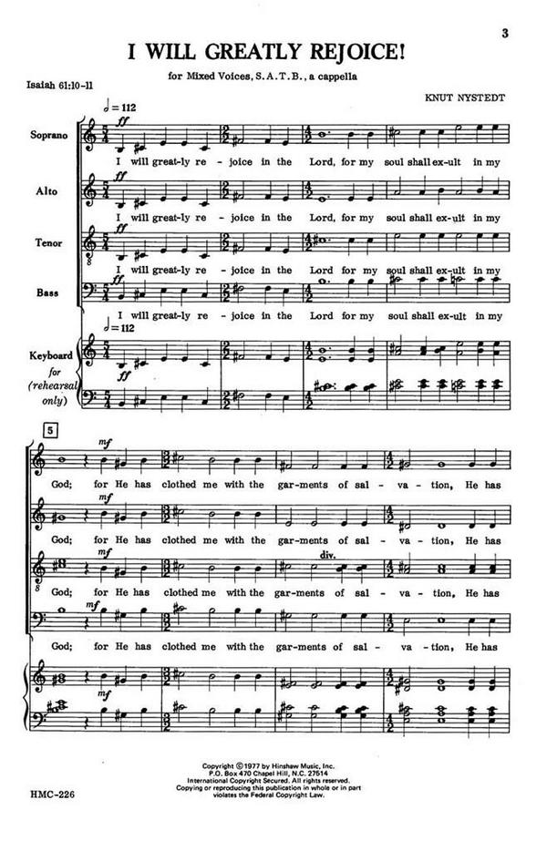 Knut Nystedt, I Will Greatly Rejoice&nbsp;&nbsp;SATB a Cappella&nbsp;&nbsp;Chorpartitur