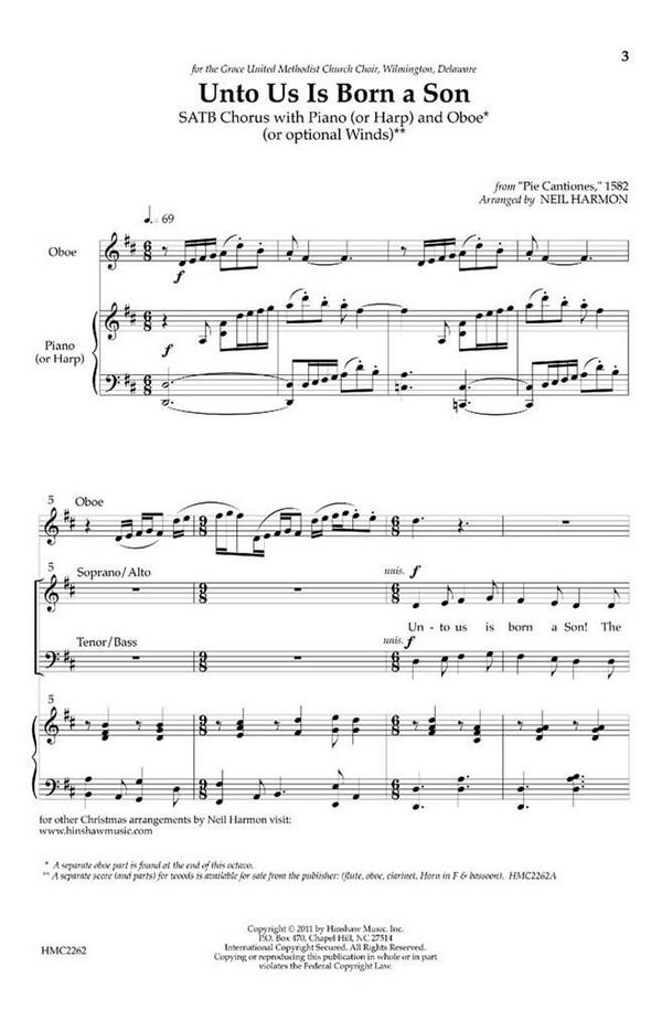 Unto Us Is Born A Son&nbsp;&nbsp;SATB, Piano Or Harp and Oboe&nbsp;&nbsp;Chorpartitur