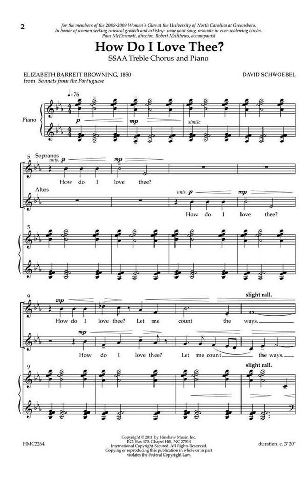 David Schwoebel, How Do I Love Thee&nbsp;&nbsp;SSAA, Piano&nbsp;&nbsp;Chorpartitur