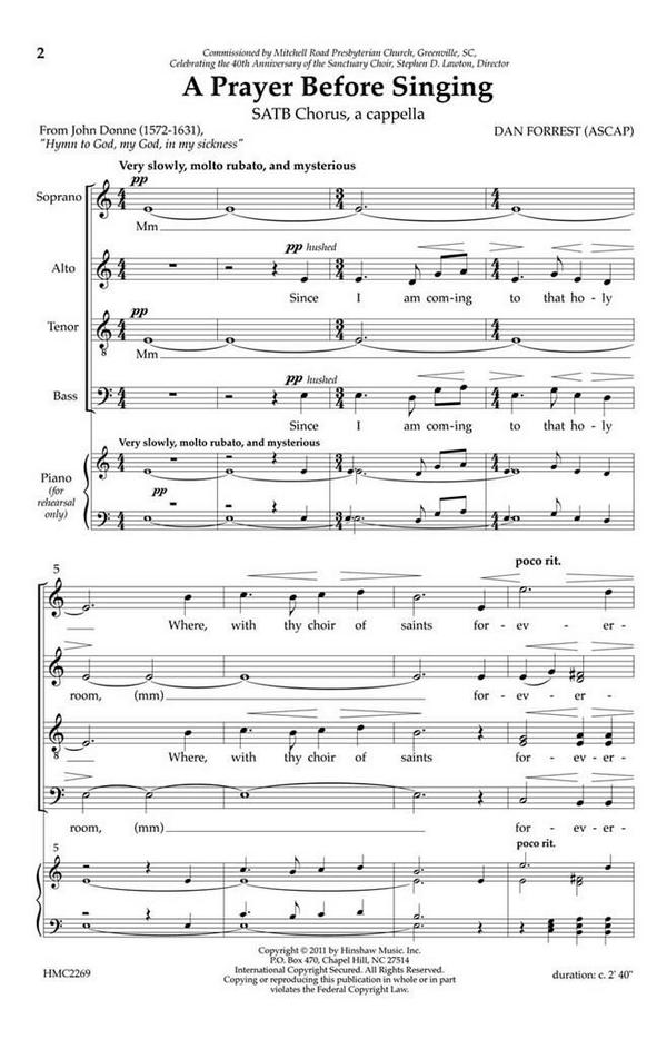 Dan Forrest, A Prayer Before Singing&nbsp;&nbsp;SATB a Cappella&nbsp;&nbsp;Chorpartitur