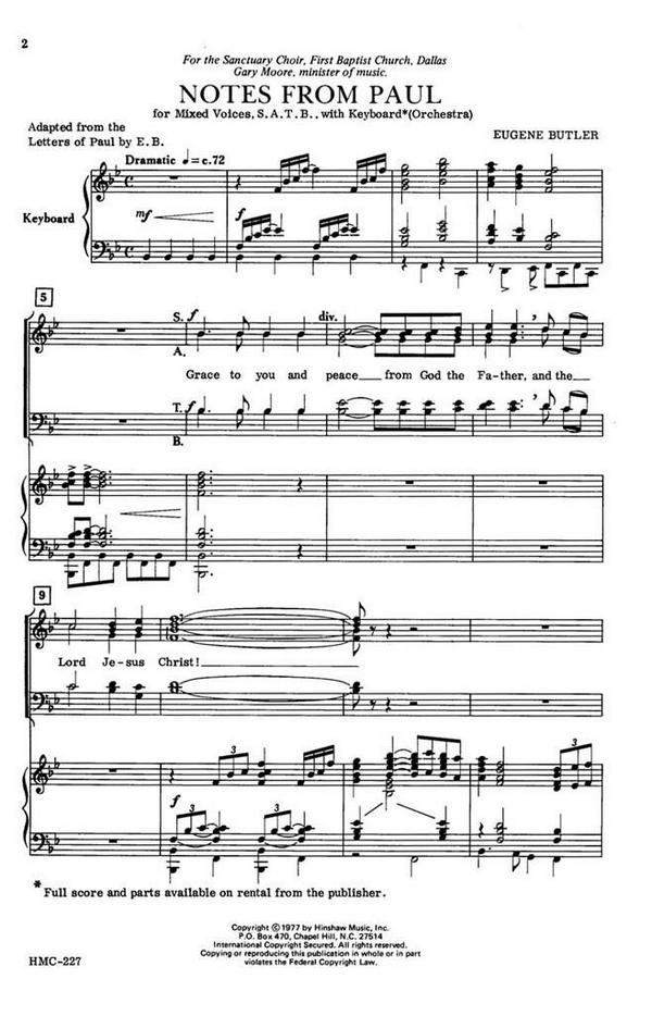 Eugene Butler, Notes From Paul&nbsp;&nbsp;SATB and Keyboard&nbsp;&nbsp;Chorpartitur