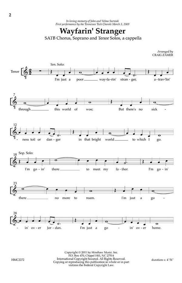 Wayfarin' Stranger&nbsp;&nbsp;SATB with Soprano and Tenor Soloists, a Cappella&nbsp;&nbsp;Chorpartitur