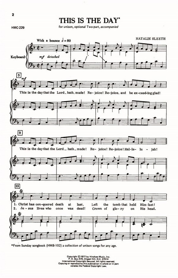 Natalie Sleeth, This Is The Day&nbsp;&nbsp;Unison or 2-Part, Keyboard&nbsp;&nbsp;Chorpartitur