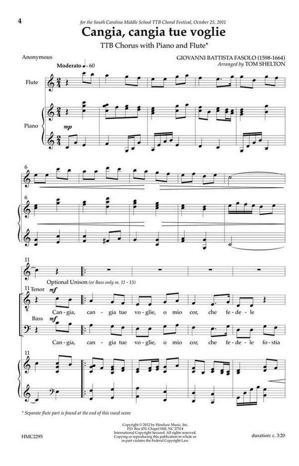 G.B. Fasolo, Cangia, Cangia Tue Voglie- (T(TB)&nbsp;&nbsp;T[T]B, Piano and Flute&nbsp;&nbsp;Chorpartitur
