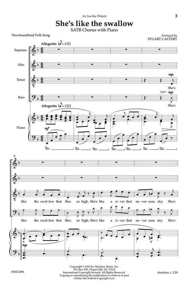 She's Like The Swallow&nbsp;&nbsp;SATB, Piano&nbsp;&nbsp;Chorpartitur
