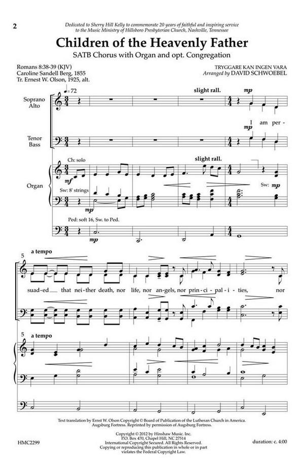 Children Of The Heavenly Father&nbsp;&nbsp;SATB and Organ&nbsp;&nbsp;Chorpartitur