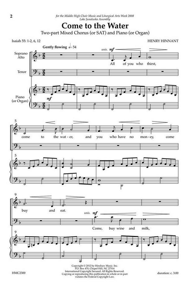 Henry Hinnant, Come To The Water&nbsp;&nbsp;2-Part Mixed, or SAT, Piano&nbsp;&nbsp;Chorpartitur