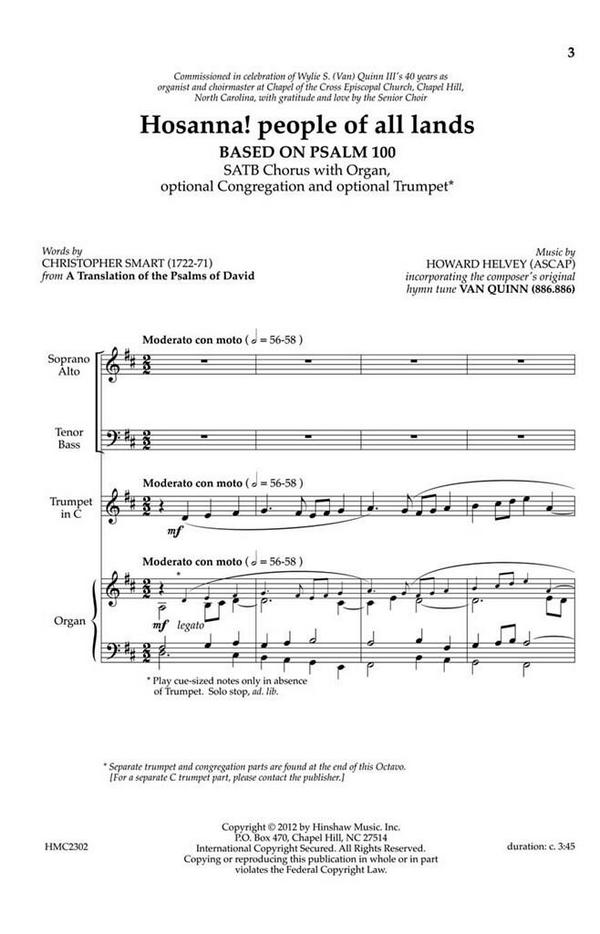 Howard Helvey, Hosanna! People Of All Lands&nbsp;&nbsp;SATB, Organ and Trumpet&nbsp;&nbsp;Chorpartitur