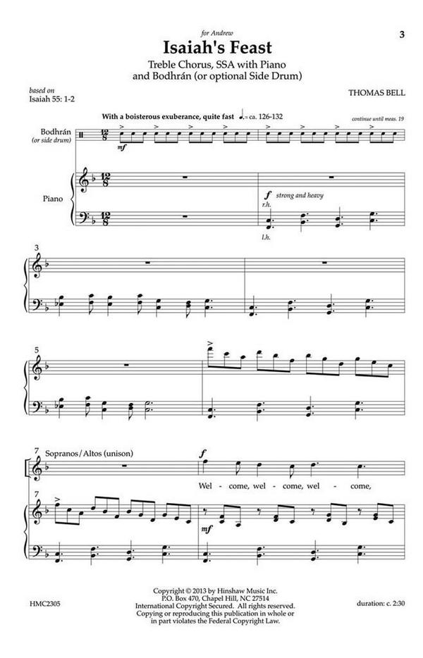 Thomas Bell, Isaiah's Feast&nbsp;&nbsp;SSA, Piano and Optional Bodhrian Or Similar Drum&nbsp;&nbsp;Chorpartitur
