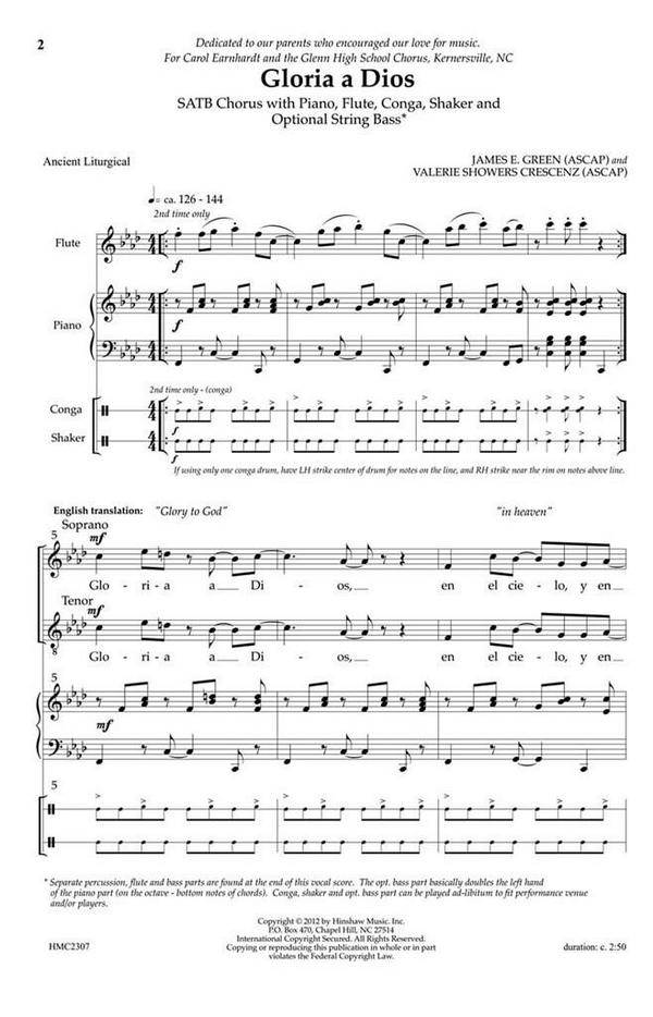James E. Green, Gloria A Dios&nbsp;&nbsp;SATB, Piano, Conga, Shaker, Flute and Opt. String Bass&nbsp;&nbsp;Chorpartitur