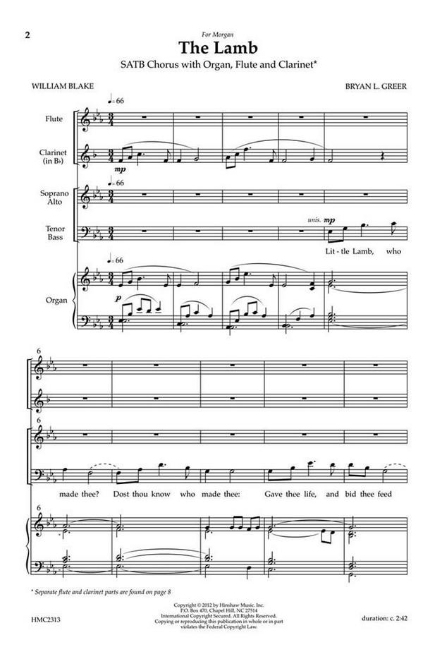 Bryan Greer, The Lamb&nbsp;&nbsp;SATB, Organ, Flute and B Flat Clarinet&nbsp;&nbsp;Chorpartitur