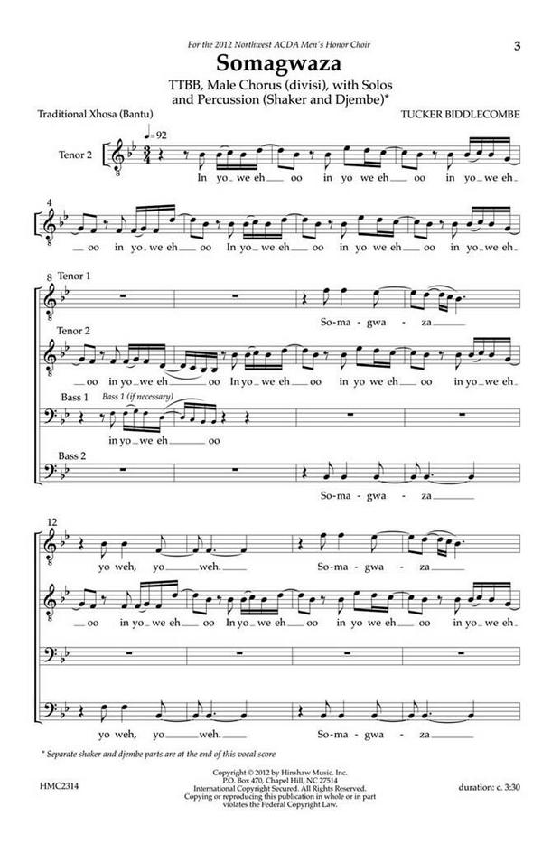 Tucker Biddlecome, Somagwaza&nbsp;&nbsp;TTBB [Divisi], Percussion [See Notes]&nbsp;&nbsp;Chorpartitur