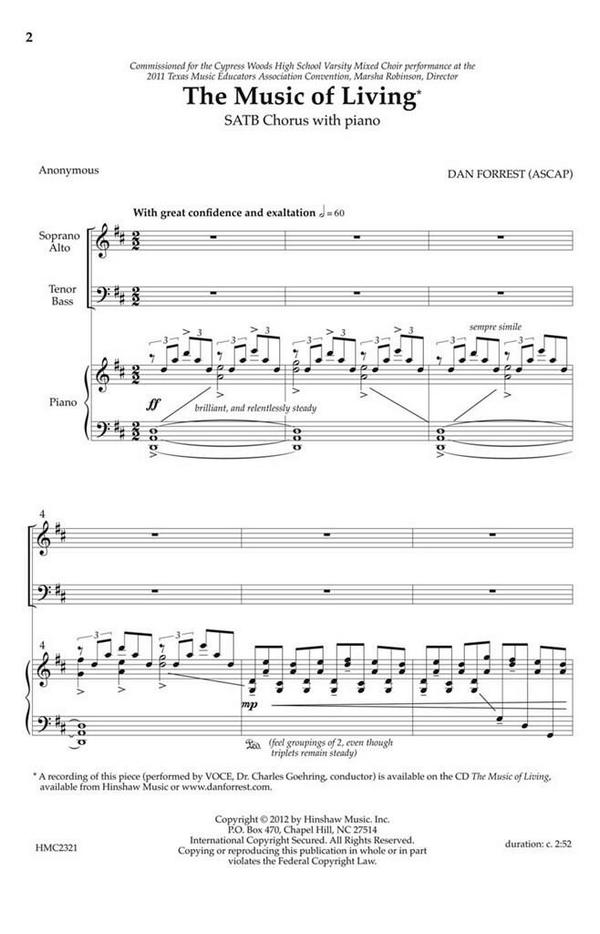 Dan Forrest, The Music Of Living&nbsp;&nbsp;SATB Divisi, Piano&nbsp;&nbsp;Chorpartitur