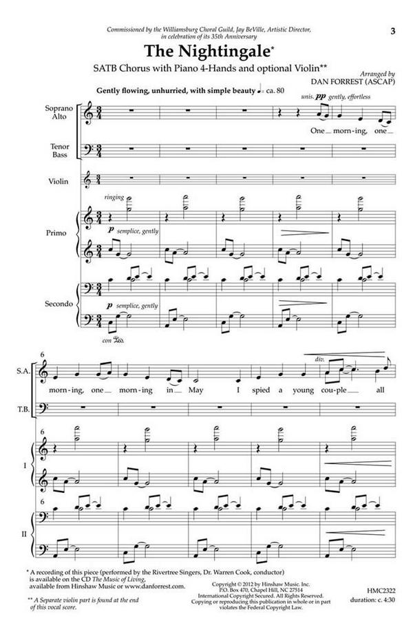 The Nightingale&nbsp;&nbsp;SATB, Piano, Four Hands, and Solo Violin&nbsp;&nbsp;Chorpartitur