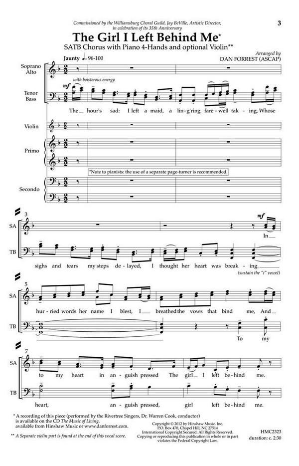 The Girl I Left Behind Me&nbsp;&nbsp;SATB, Piano, Four Hands, and Solo Violin&nbsp;&nbsp;Chorpartitur