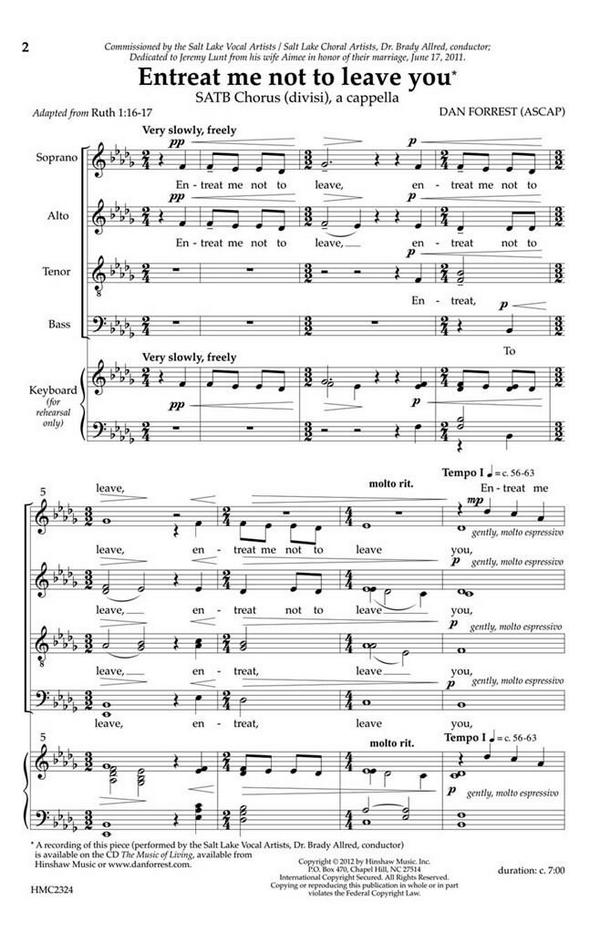 Dan Forrest, Entreat Me Not To Leave You&nbsp;&nbsp;SATB Divisi a Cappella&nbsp;&nbsp;Chorpartitur
