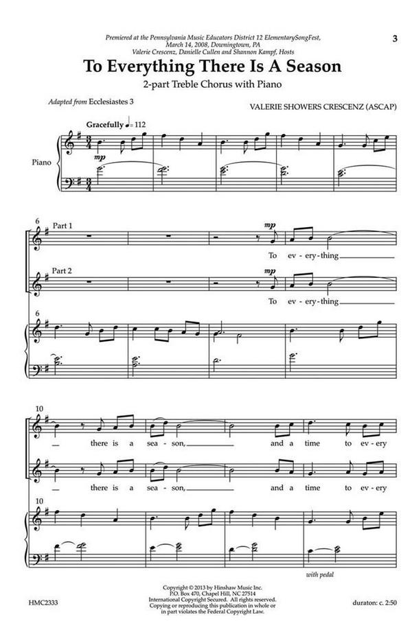 Valerie J. Crescenz, To Everything There Is A Season&nbsp;&nbsp;2-Part Choir and Piano&nbsp;&nbsp;Chorpartitur