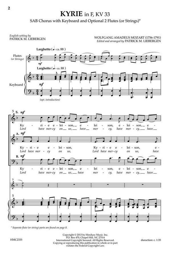 Wolfgang Amadeus Mozart, Kyrie In F, Kv33&nbsp;&nbsp;SAB and Keyboard&nbsp;&nbsp;Chorpartitur