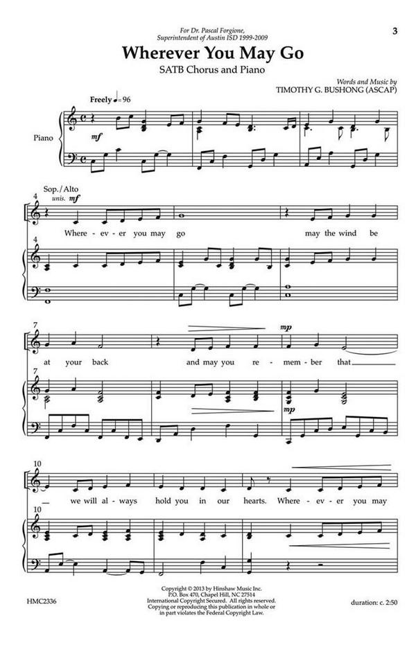 Tim Bushong, Wherever You May Go&nbsp;&nbsp;SATB, Piano&nbsp;&nbsp;Chorpartitur