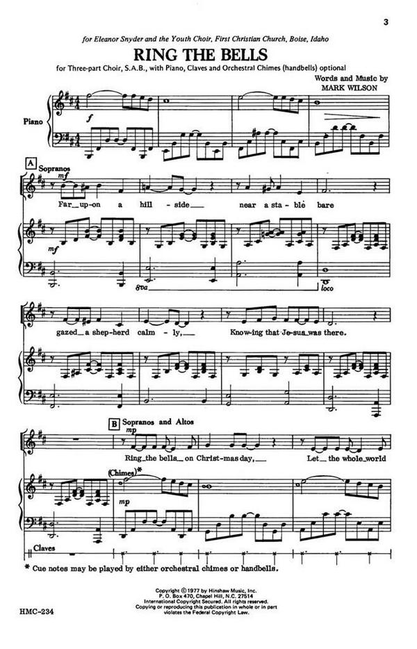 Mark Wilson, Ring The Bells&nbsp;&nbsp;SAB, Piano, Claves, Handbells&nbsp;&nbsp;Chorpartitur