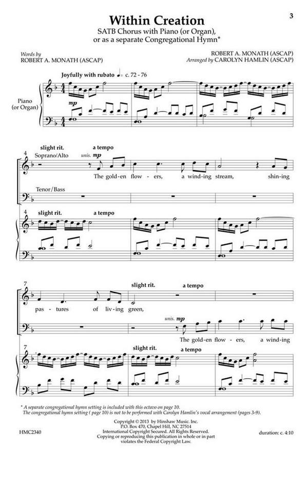 Robert Monath, Within Creation&nbsp;&nbsp;SATB, Piano&nbsp;&nbsp;Chorpartitur
