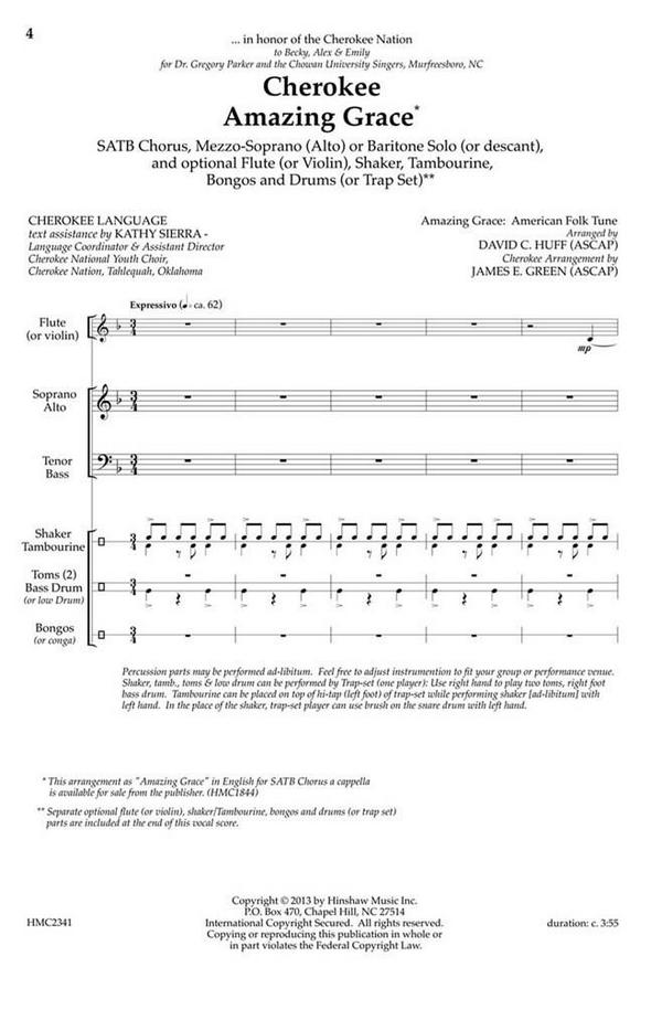 Cherokee Amazing Grace&nbsp;&nbsp;SATB, Mezzo, Baritone or descant, a Cappella&nbsp;&nbsp;Chorpartitur