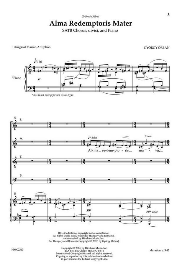 György Orbán, Alma Redemptoris Mater&nbsp;&nbsp;SATB, Piano&nbsp;&nbsp;Chorpartitur