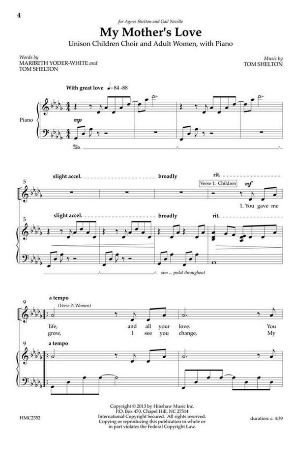 Tom Shelton, My Mother's Love&nbsp;&nbsp;Children and Mothers, Piano&nbsp;&nbsp;Chorpartitur