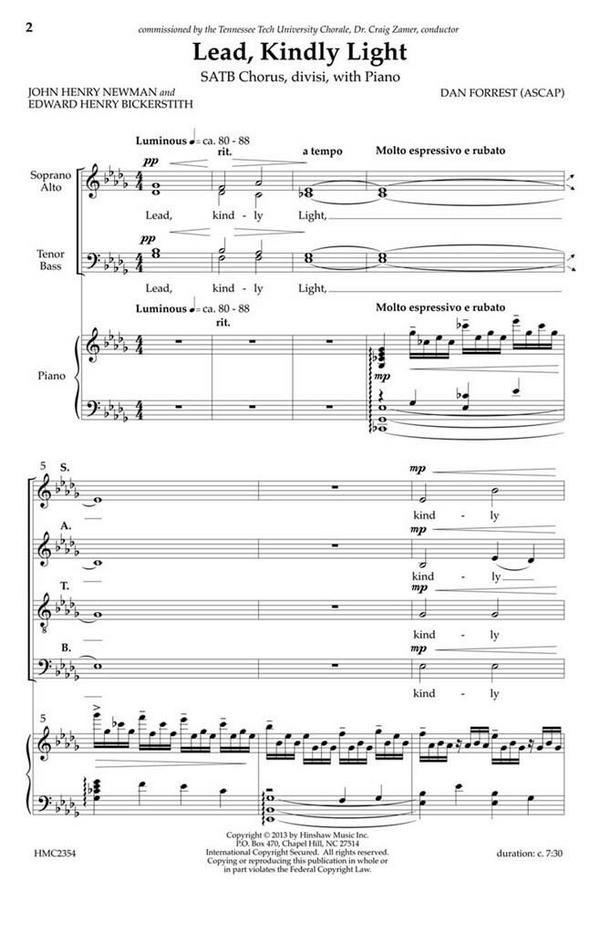 Dan Forrest, Lead, Kindly Light&nbsp;&nbsp;SATB, Piano&nbsp;&nbsp;Chorpartitur