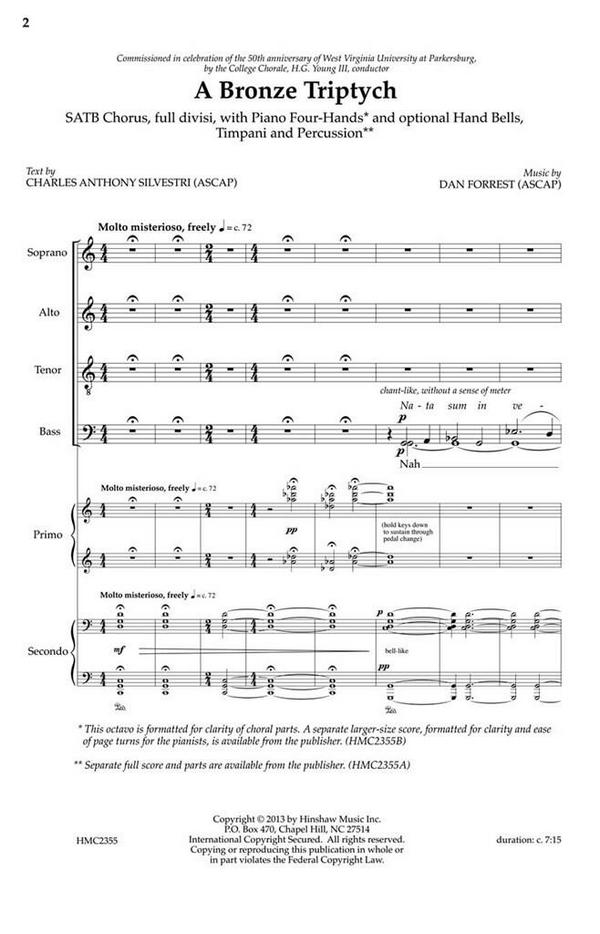 Dan Forrest, A Bronze Triptych&nbsp;&nbsp;SATB Divisi, Piano, Optional Handbells, Timpani and Percussion&nbsp;&nbsp;Chorpartitur