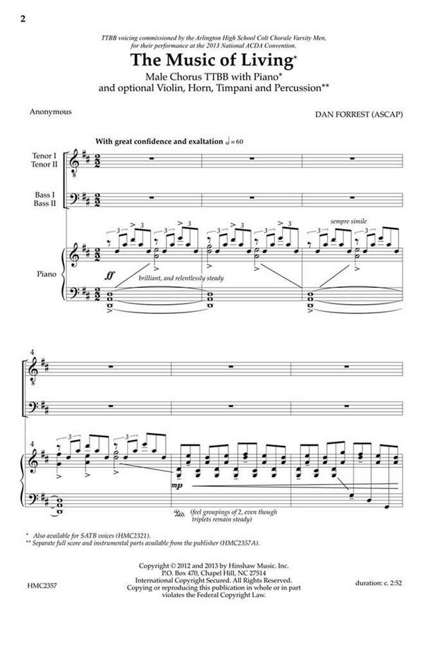 Dan Forrest, The Music Of Living&nbsp;&nbsp;TTBB, Piano&nbsp;&nbsp;Chorpartitur