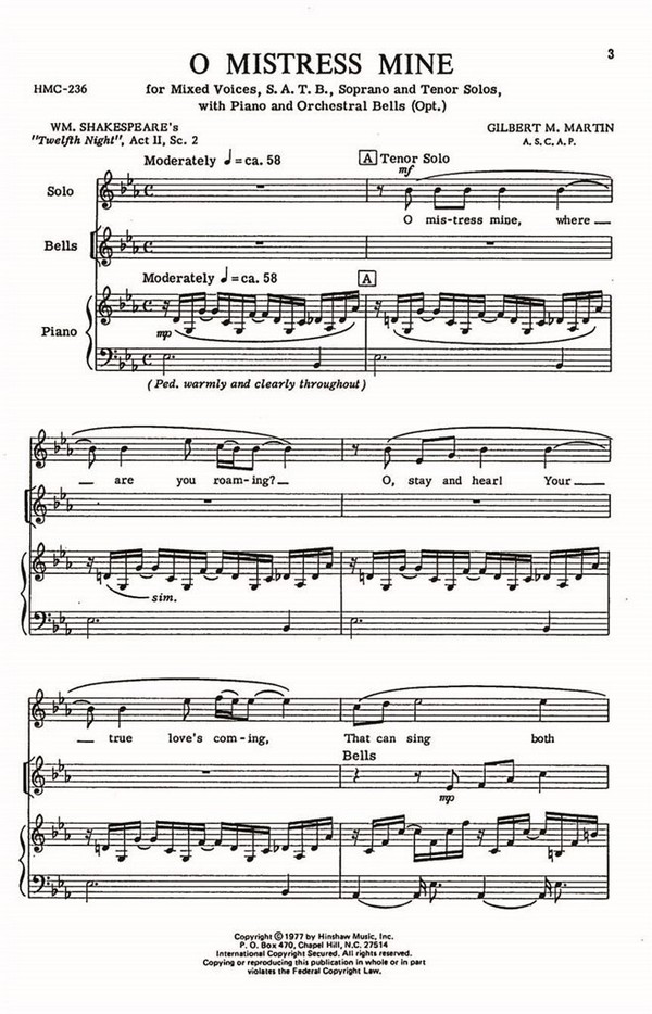 Gilbert Martin, O Mistress Mine&nbsp;&nbsp;SATB, Piano&nbsp;&nbsp;Chorpartitur