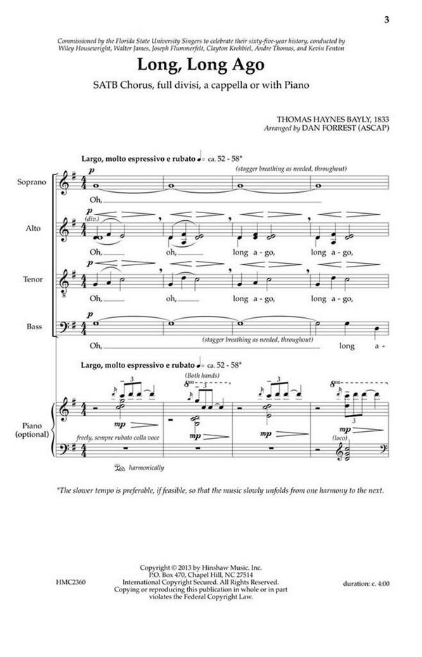 Thomas Haynes Bayly, Long, Long Ago&nbsp;&nbsp;SATB Divisi, a Cappella Or Piano&nbsp;&nbsp;Chorpartitur