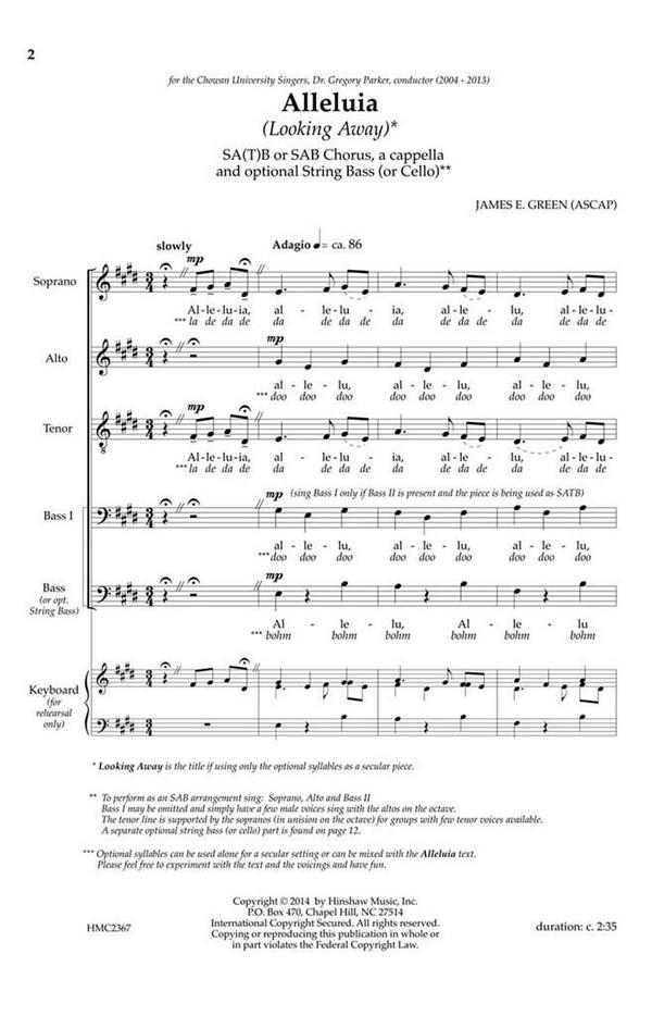James E. Green, Alleluia (Looking Away)&nbsp;&nbsp;SA[5]B or SAB, a Cappella&nbsp;&nbsp;Chorpartitur