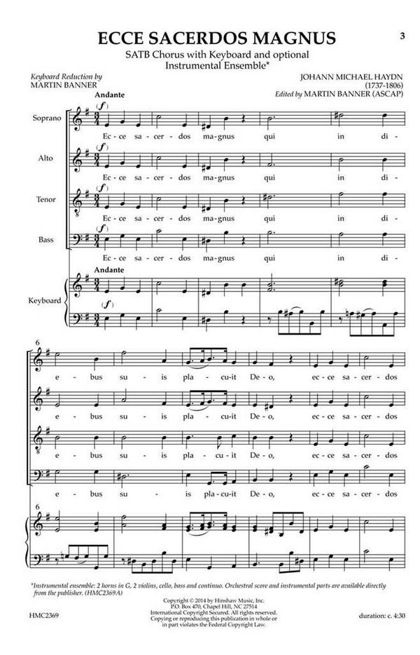 Johann Michael Haydn, Ecce Sacerdos Magnus&nbsp;&nbsp;SATB and Keyboard&nbsp;&nbsp;Chorpartitur
