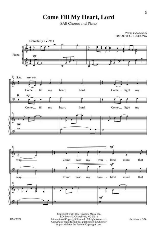 Tim Bushong, Come Fill My Heart, Lord&nbsp;&nbsp;SAB, Piano&nbsp;&nbsp;Chorpartitur