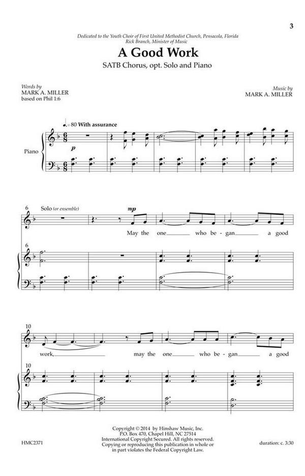 Mark A. Miller, A Good Work&nbsp;&nbsp;SATB, Piano&nbsp;&nbsp;Chorpartitur